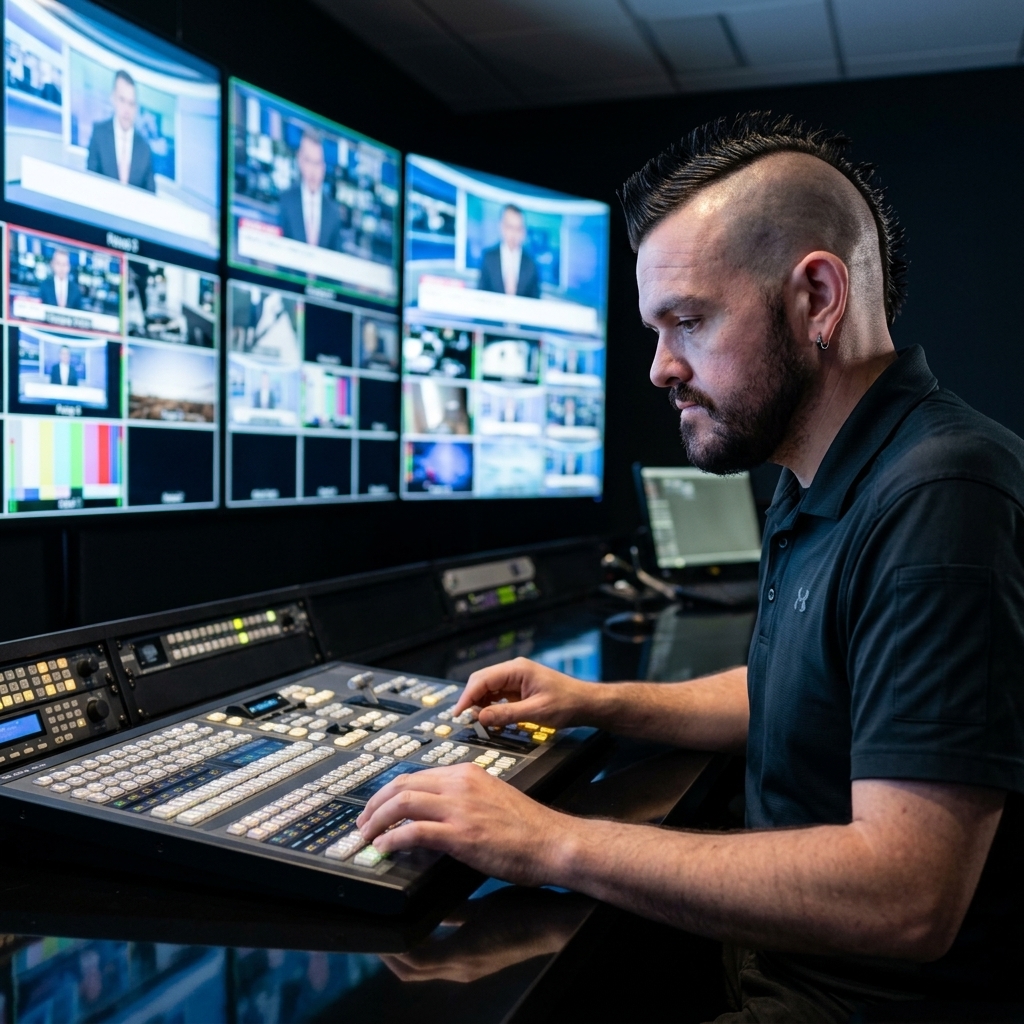 Tom 'Lucky' McNulty technical directing in a modern broadcast control room overseeing video screens