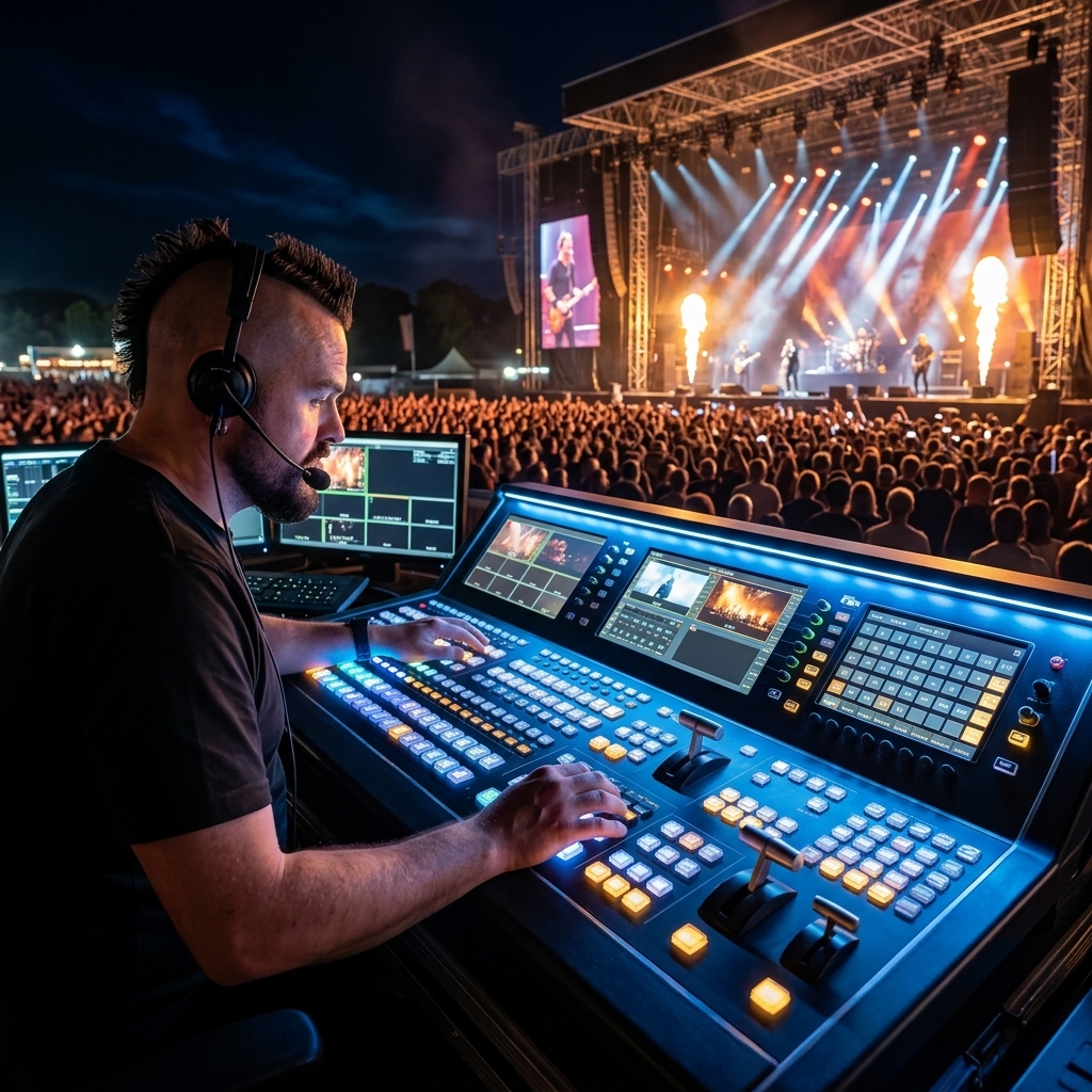 Tom 'Lucky' McNulty operating a large video switcher console at an outdoor live music event grandstand